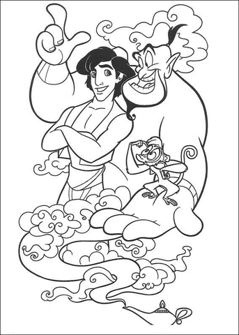 Aladdin, Genie And Abu  Coloring Page